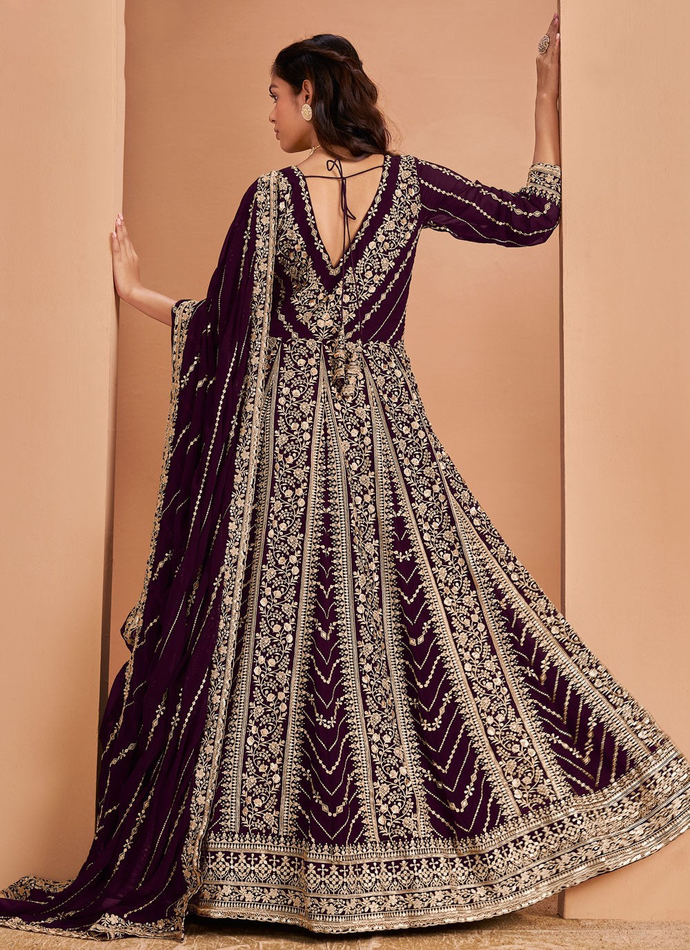 Salwar Suit Embroidered Wine Faux Georgette T5313
