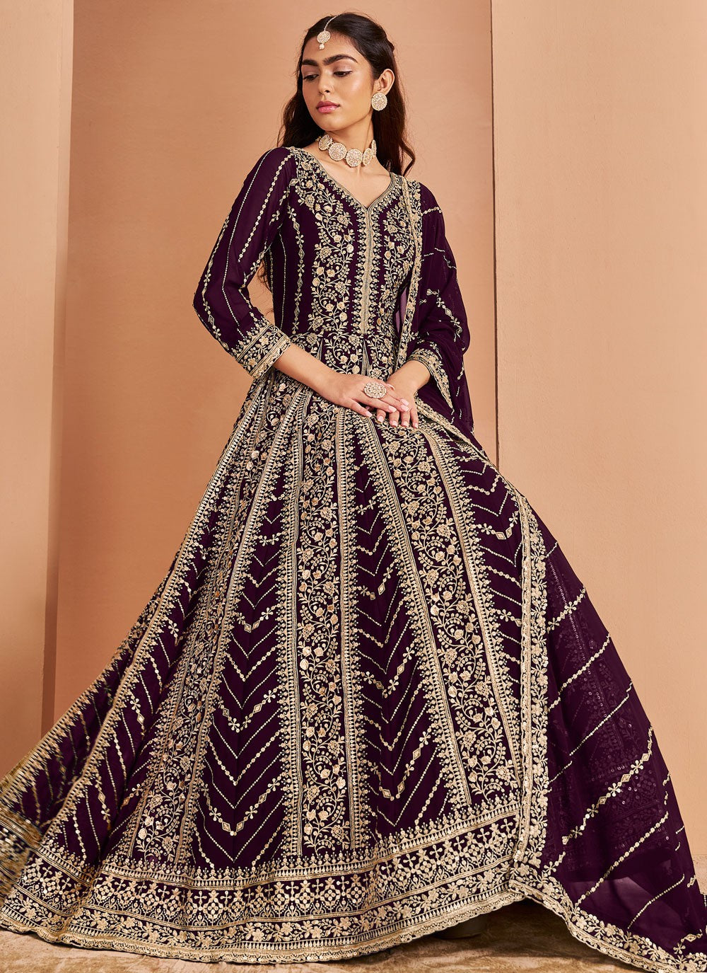 Salwar Suit Embroidered Wine Faux Georgette T5313