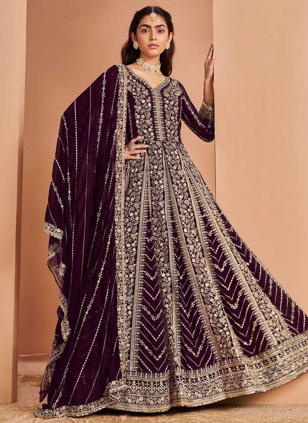 Salwar Suit Embroidered Wine Faux Georgette T5313