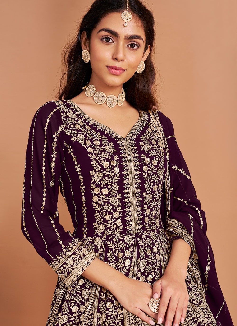 Salwar Suit Embroidered Wine Faux Georgette T5313