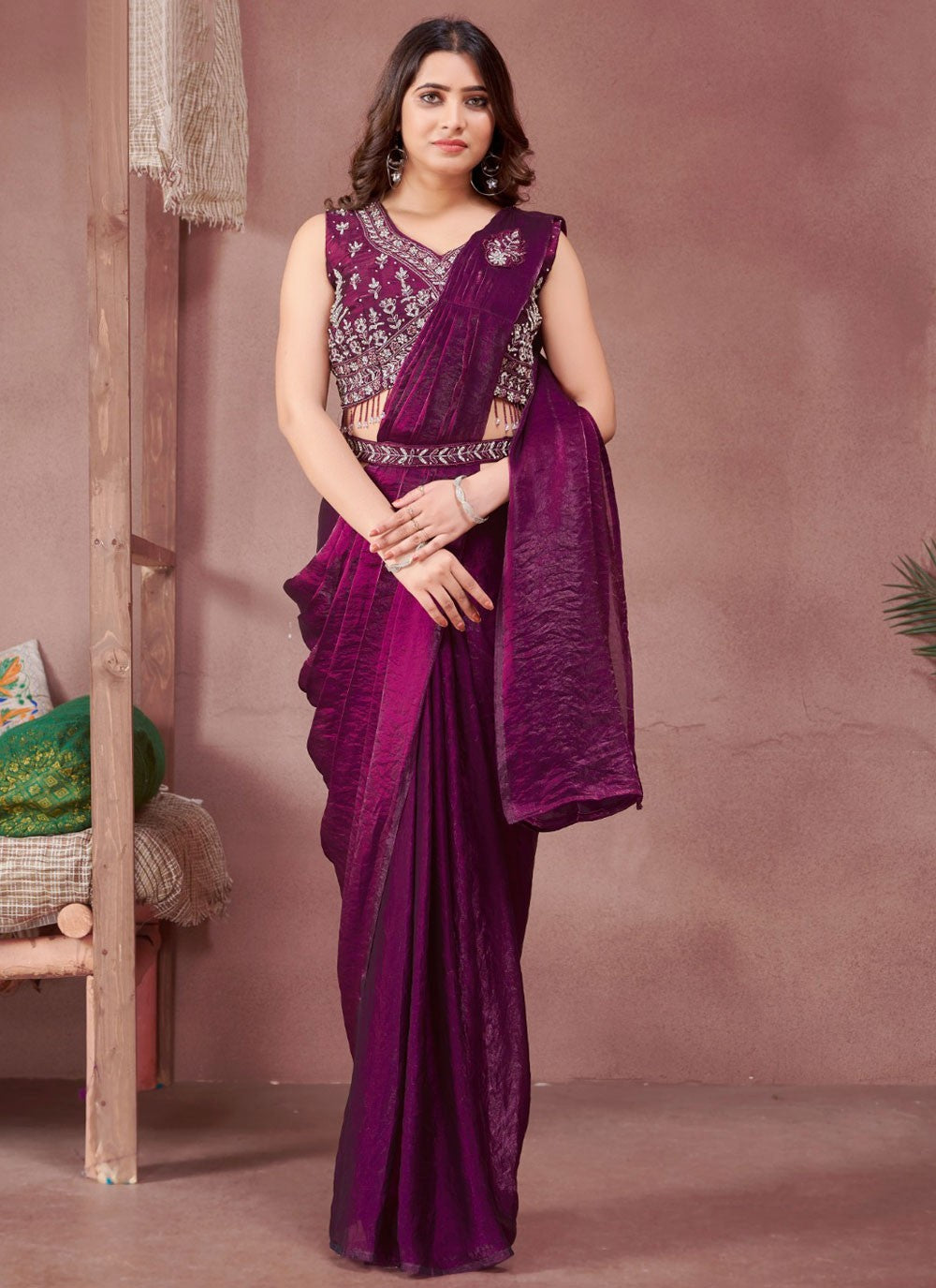 Classic Saree Plain Wine Satin S12999