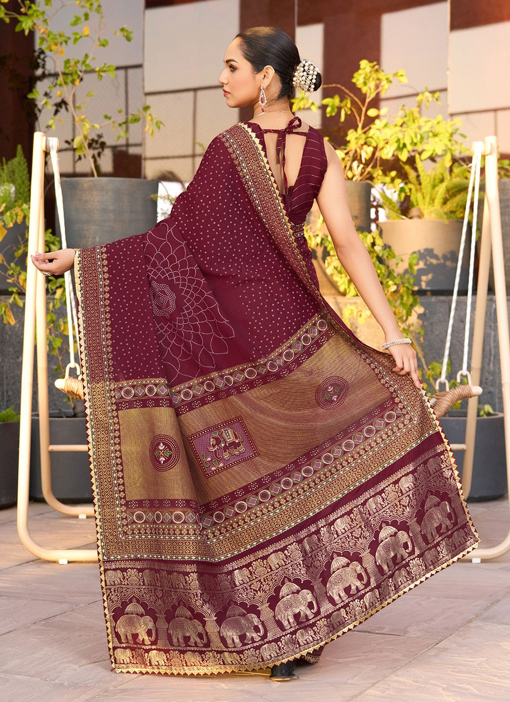 Wine Cotton Trendy Saree Foliage Prints S15916