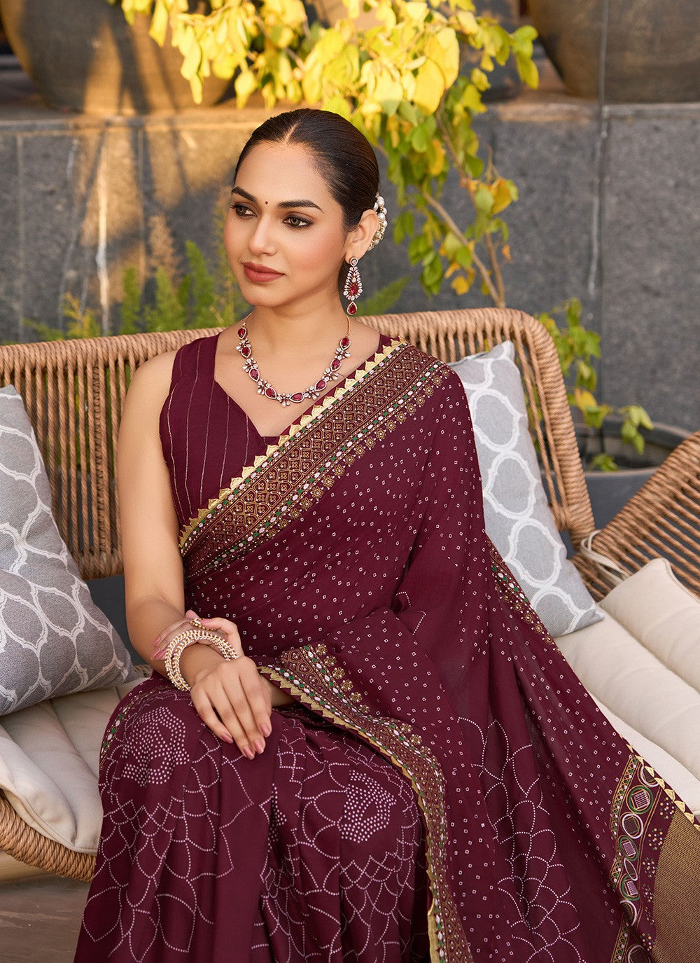 Wine Cotton Trendy Saree Foliage Prints S15916