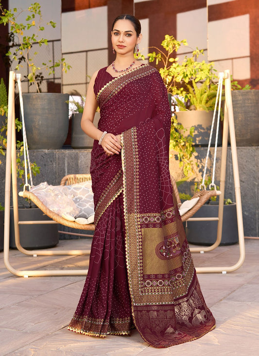 Wine Cotton Trendy Saree Foliage Prints S15916
