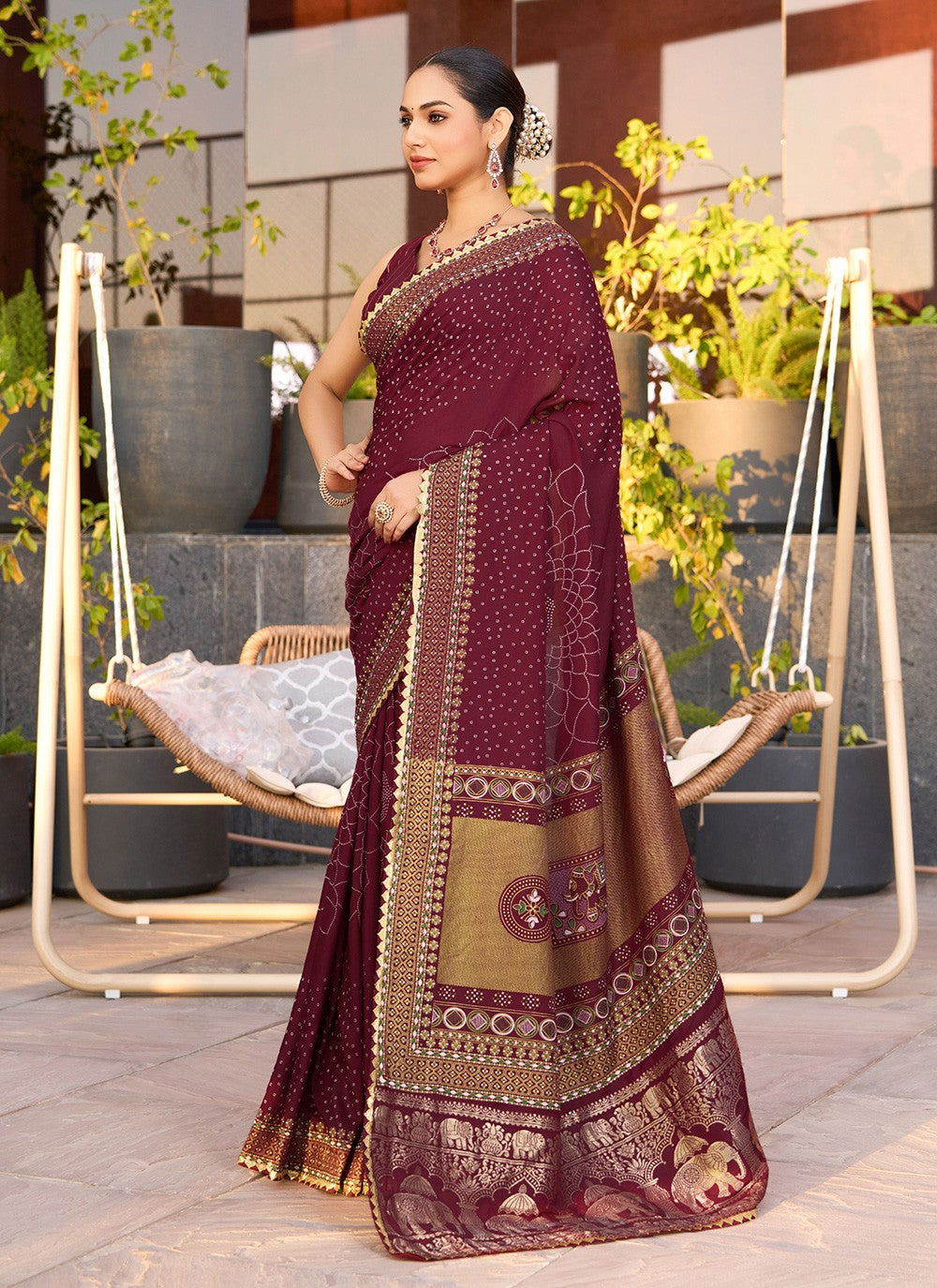 Wine Cotton Trendy Saree Foliage Prints S15916