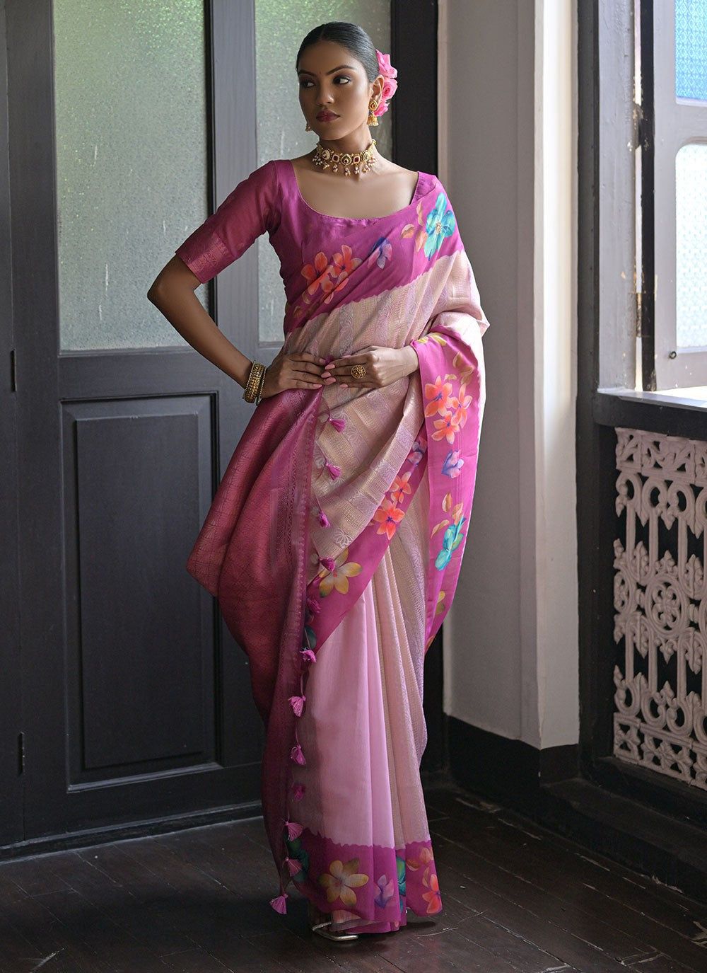 Classic Floral Printed Banarasi Silk Saree - S6682