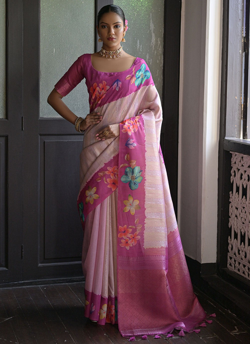 Classic Floral Printed Banarasi Silk Saree - S6682