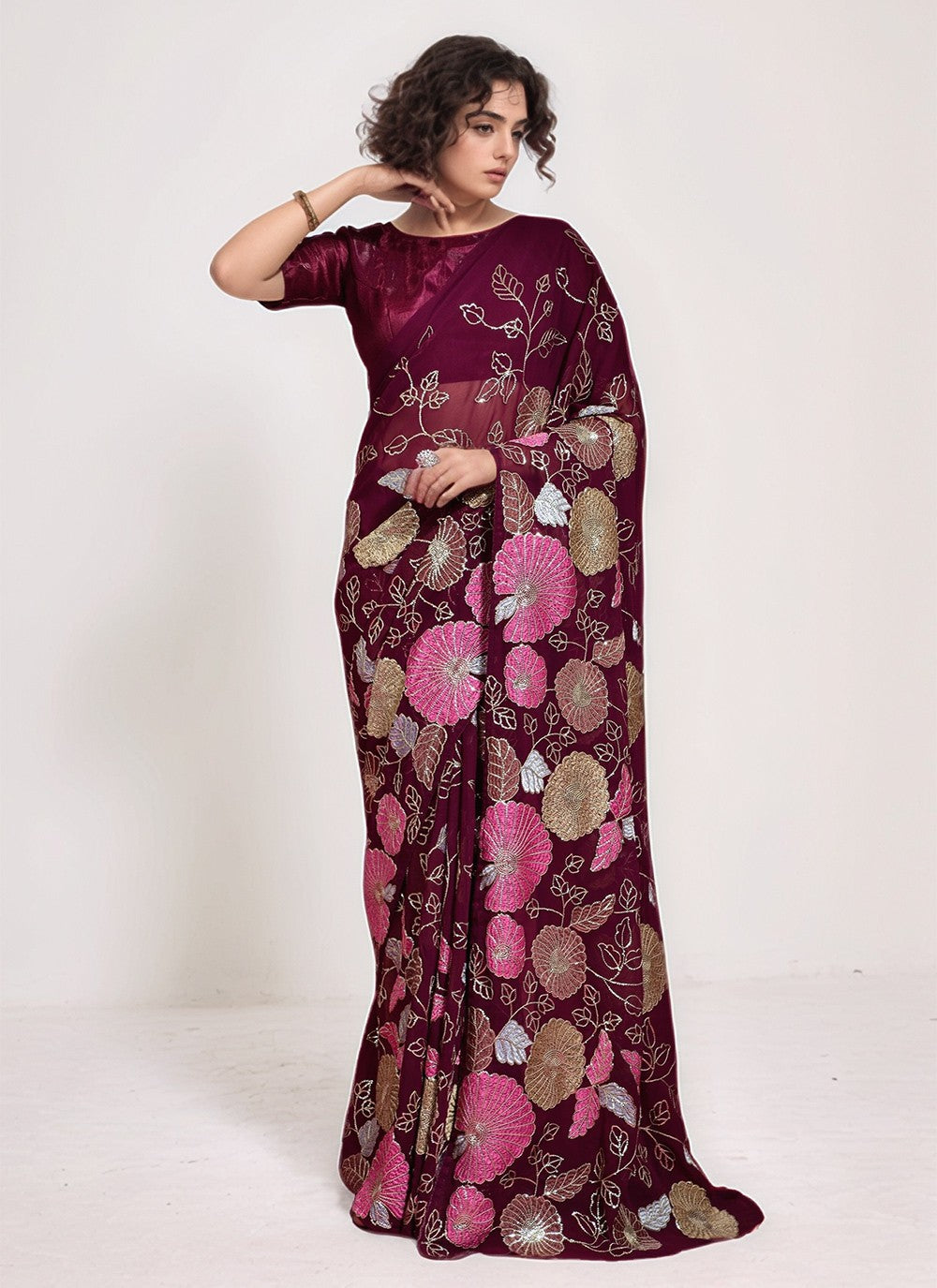Wine Georgette Classic Saree Embroidered, Sequins, Thread S15803
