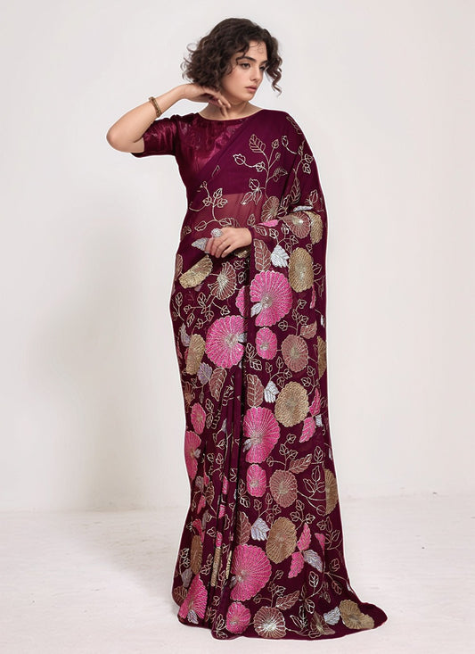 Wine Georgette Classic Saree Embroidered, Sequins, Thread S15803