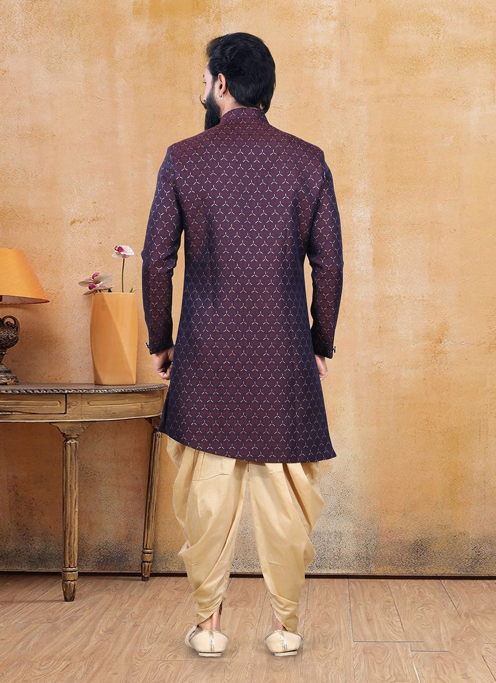 Fancy Work Jacquard Wine Dhoti Kurta - M3346