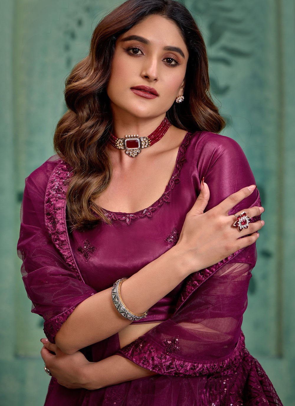 Embroidered Net Wine Lehenga - L3287