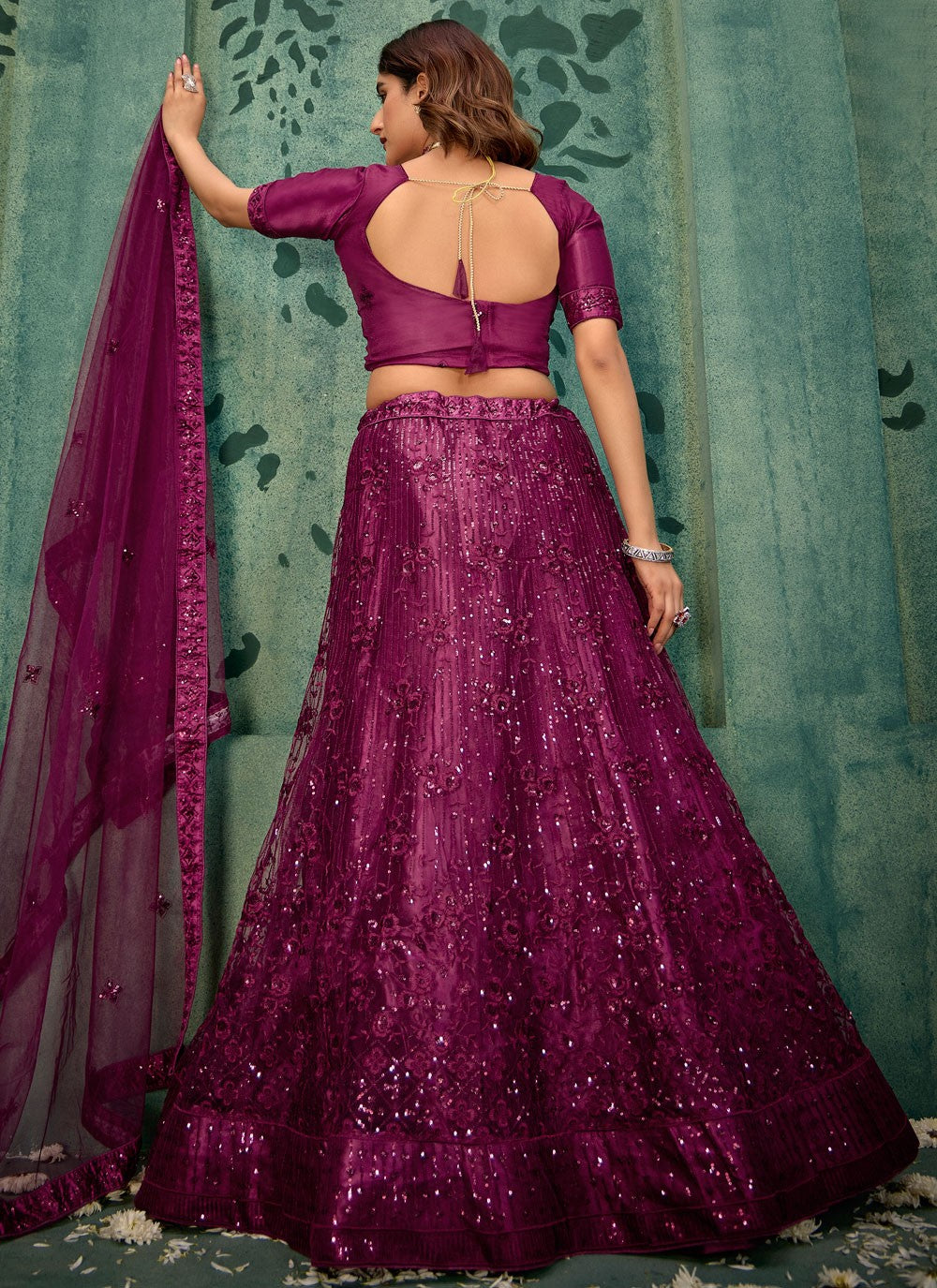 Embroidered Net Wine Lehenga - L3287