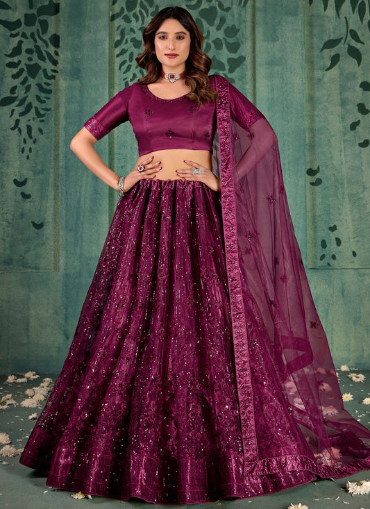 Embroidered Net Wine Lehenga - L3287