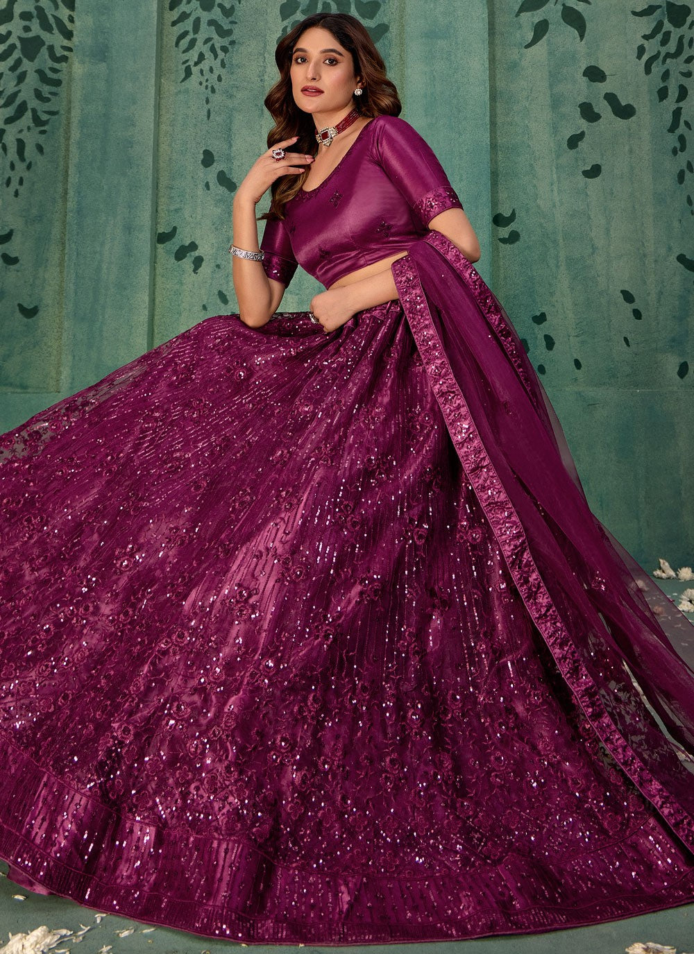 Embroidered Net Wine Lehenga - L3287