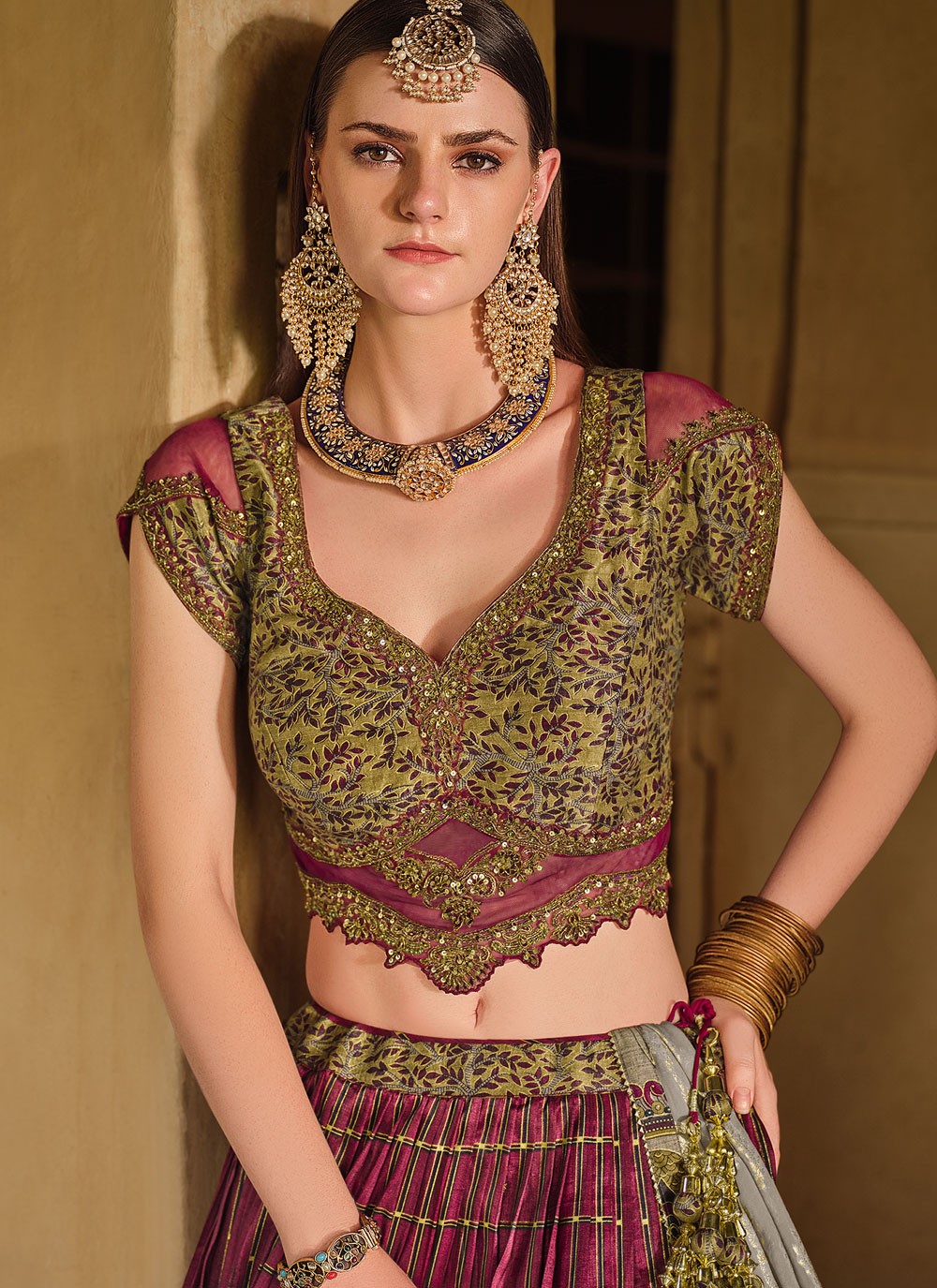 Foliage Prints Silk Wine Lehenga - L3239