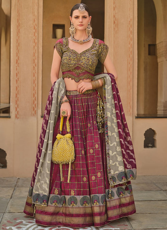 Foliage Prints Silk Wine Lehenga - L3239