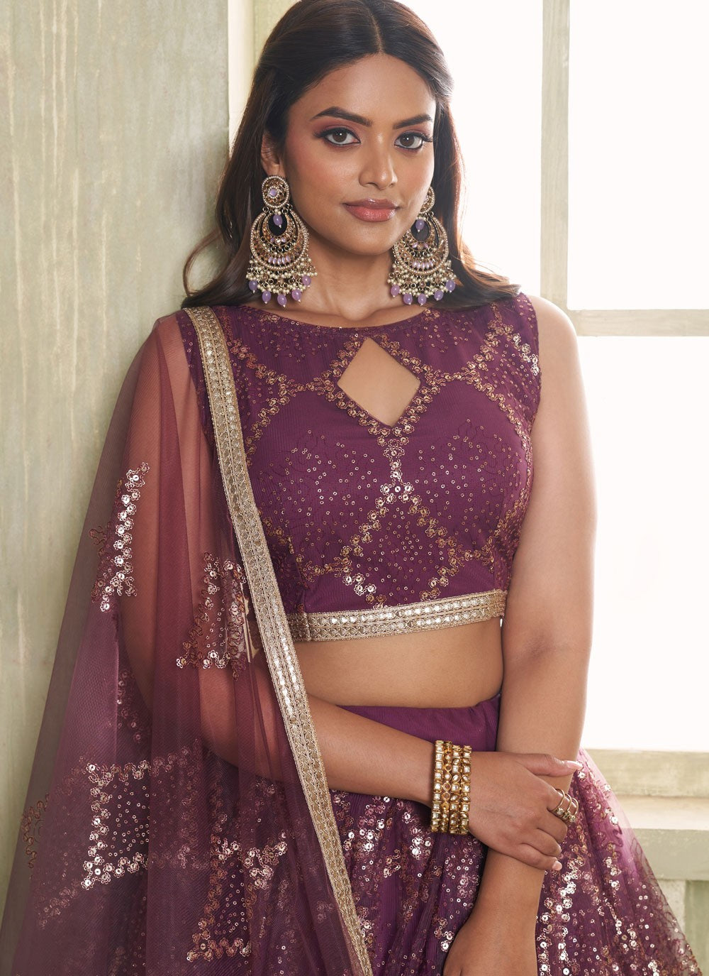 Embroidered Net Wine Lehenga - L3305
