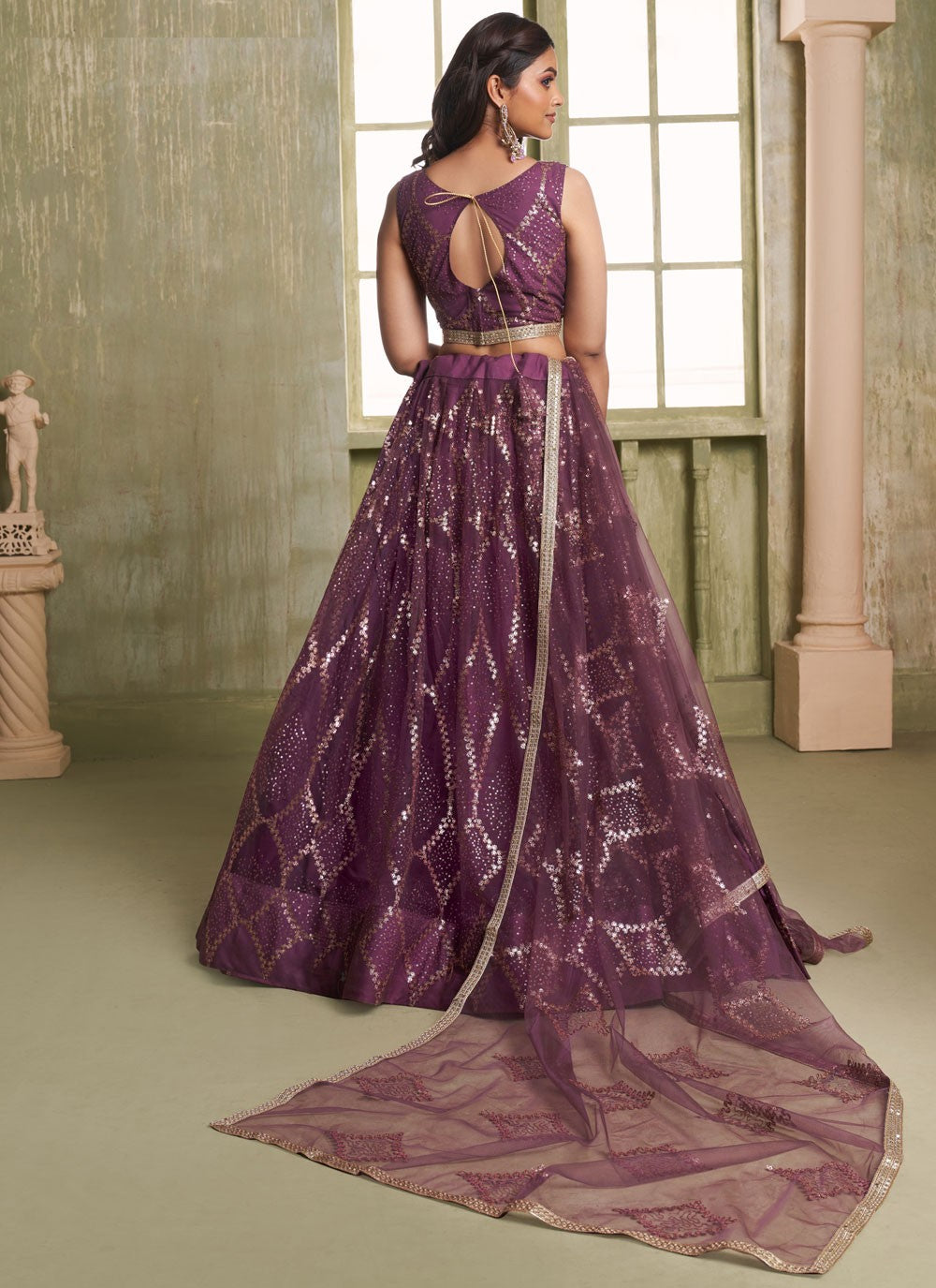 Embroidered Net Wine Lehenga - L3305