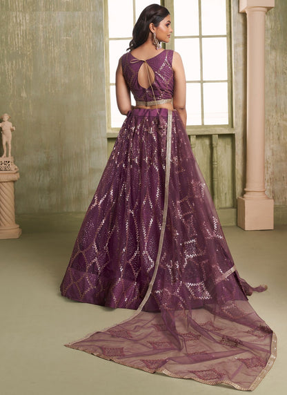 Embroidered Net Wine Lehenga - L3305