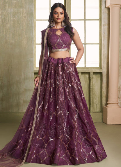 Embroidered Net Wine Lehenga - L3305