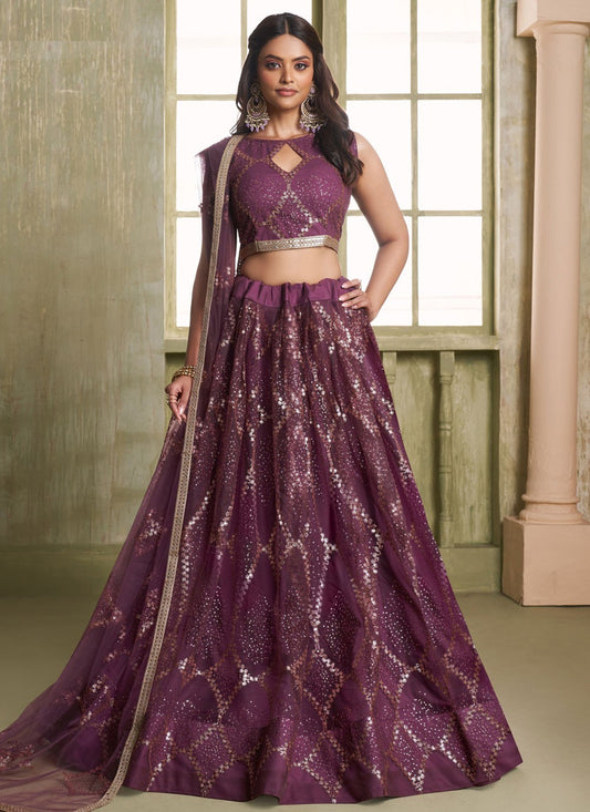 Embroidered Net Wine Lehenga - L3305