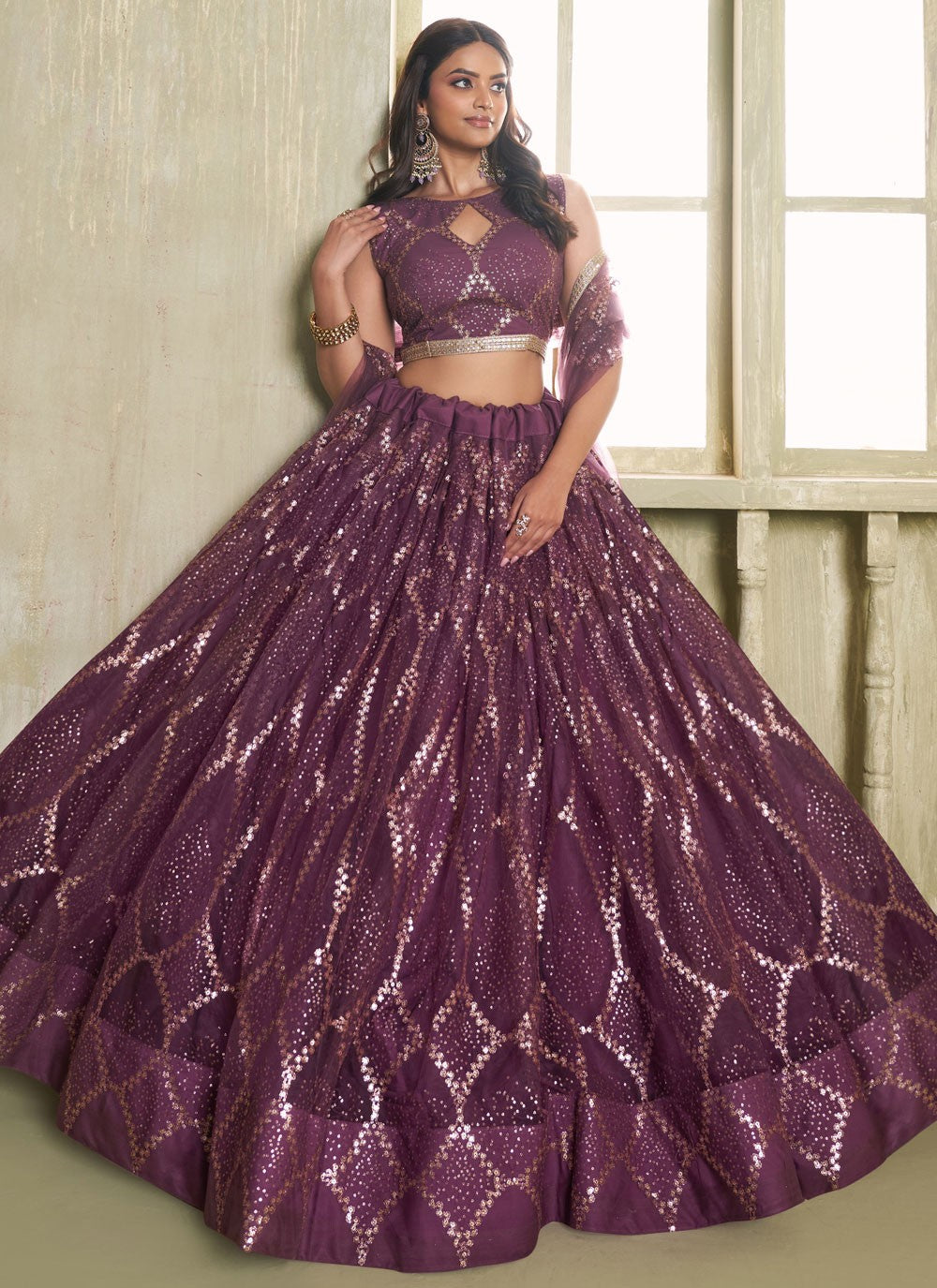 Embroidered Net Wine Lehenga - L3305