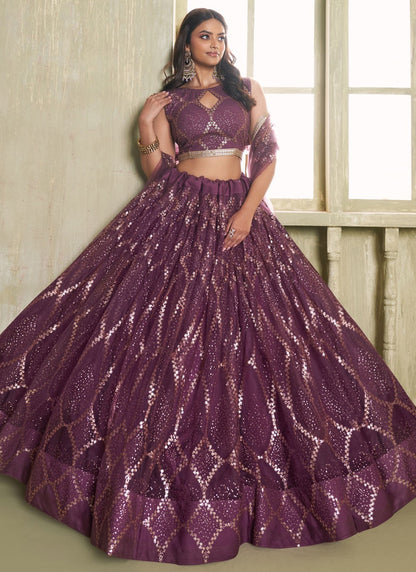 Embroidered Net Wine Lehenga - L3305