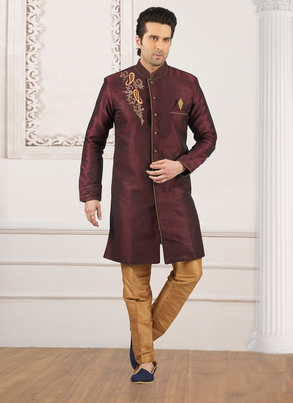 Embroidered Dupion Silk Wine Indo Western - M6394