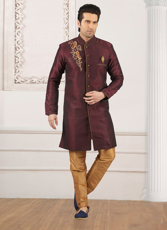 Embroidered Dupion Silk Wine Indo Western - M6394