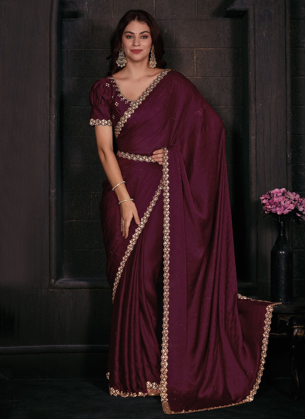 Contemporary Zircon Georgette Satin Saree - S5674