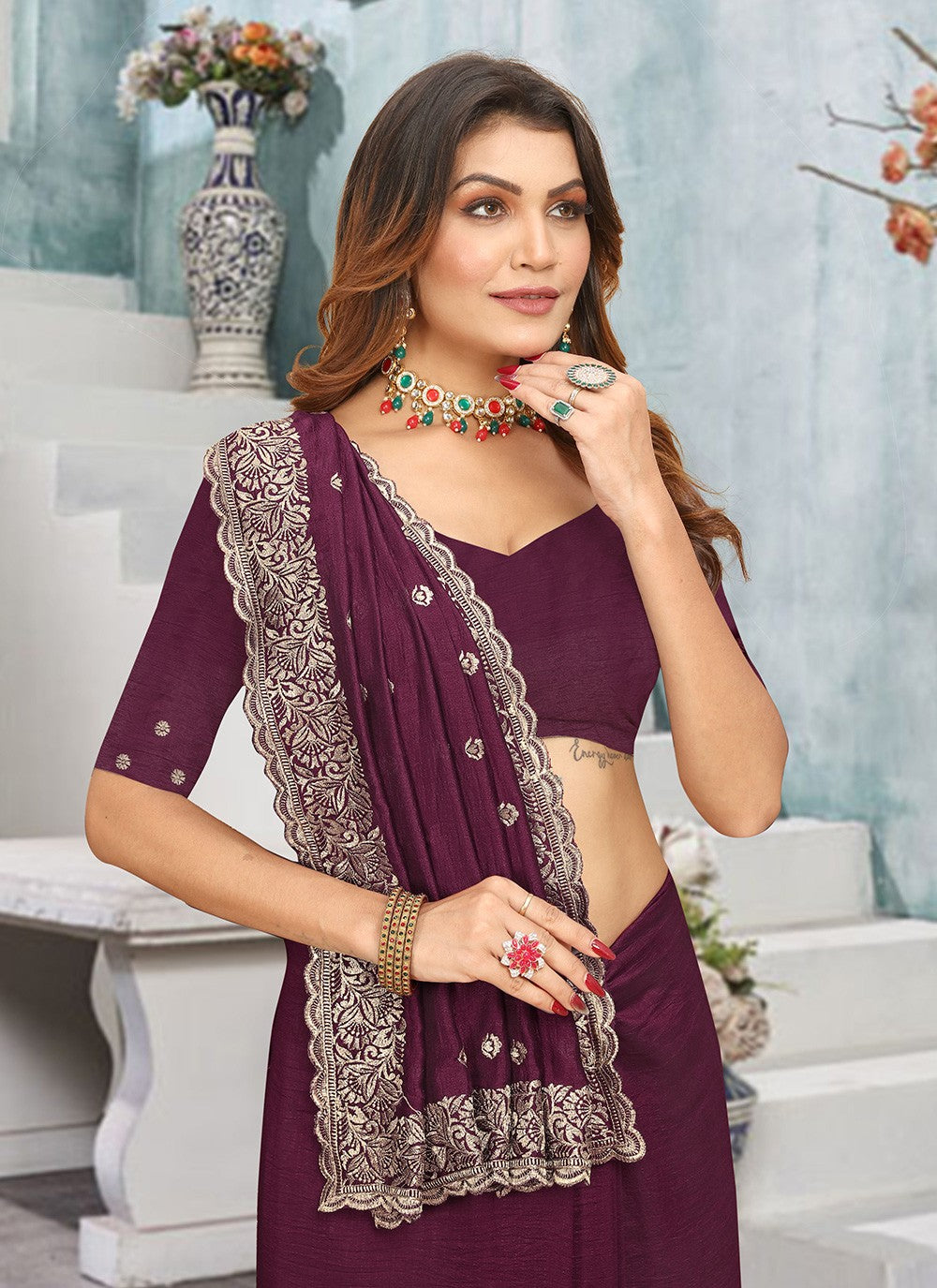 Traditional Embroidered Vichitra Silk Saree - S7737