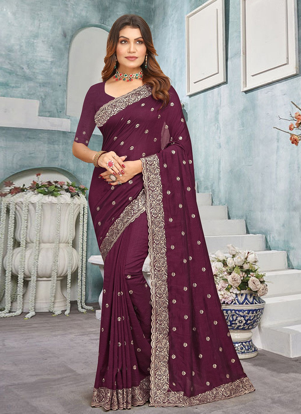 Traditional Embroidered Vichitra Silk Saree - S7737