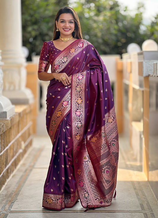 Wine Banarasi Silk Classic Saree Printed S17122