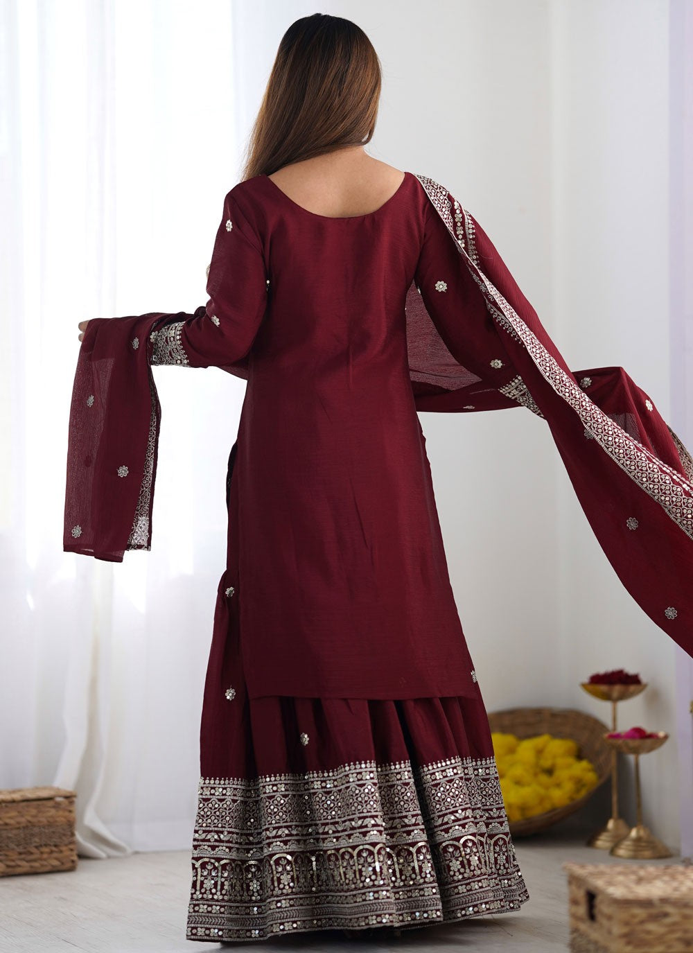 Embroidered Chinon Wine Salwar Suit T5955