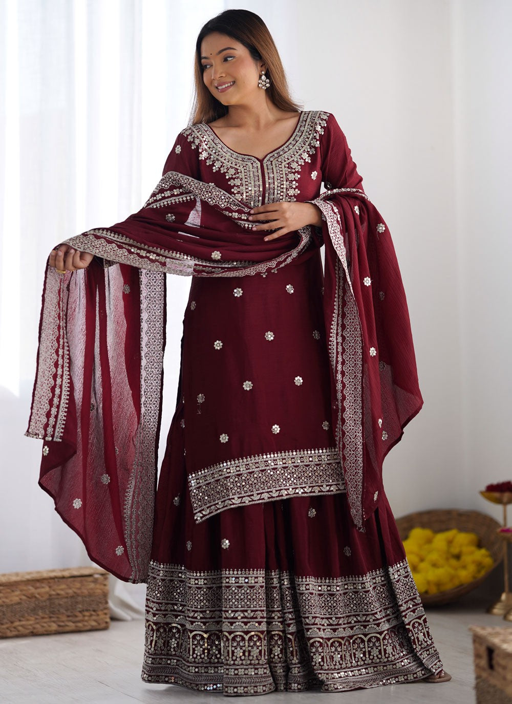 Embroidered Chinon Wine Salwar Suit T5955