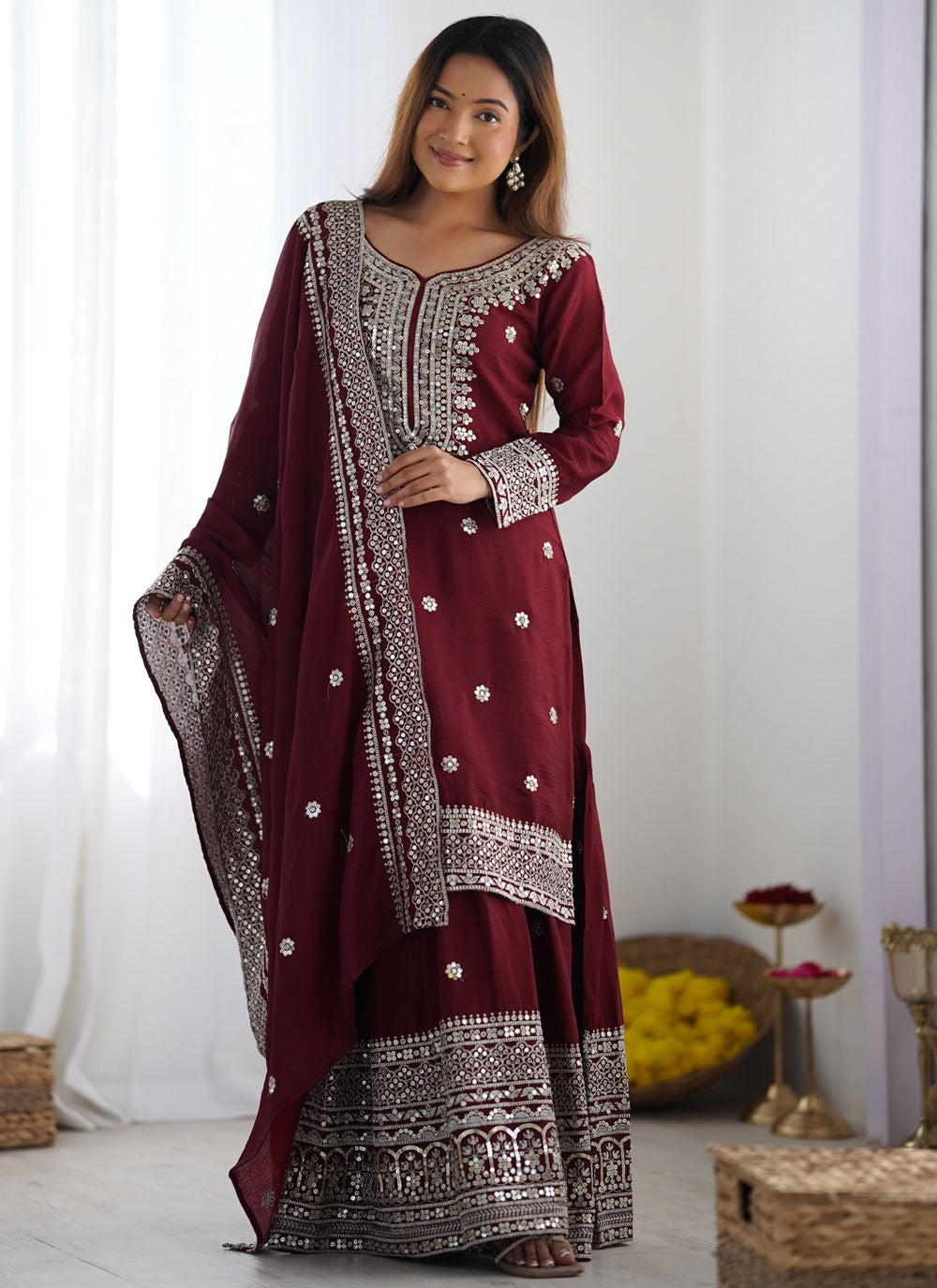 Embroidered Chinon Wine Salwar Suit T5955