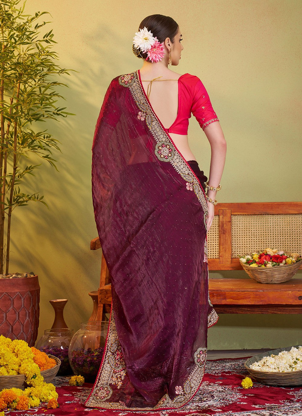 Embroidered Jimmy Chu Wine Saree S14376