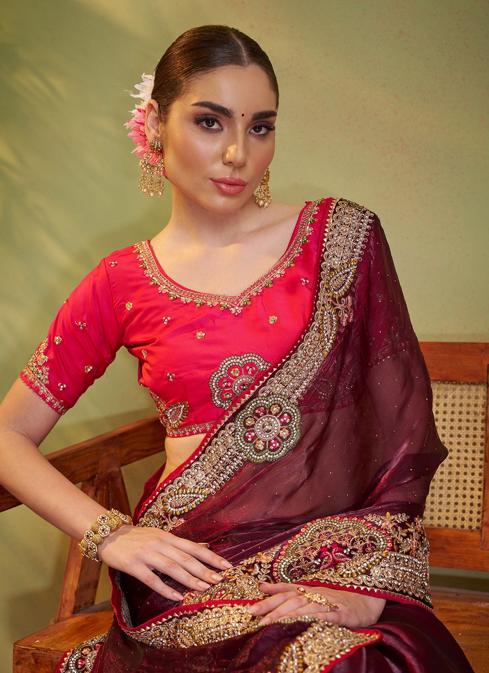 Embroidered Jimmy Chu Wine Saree S14376