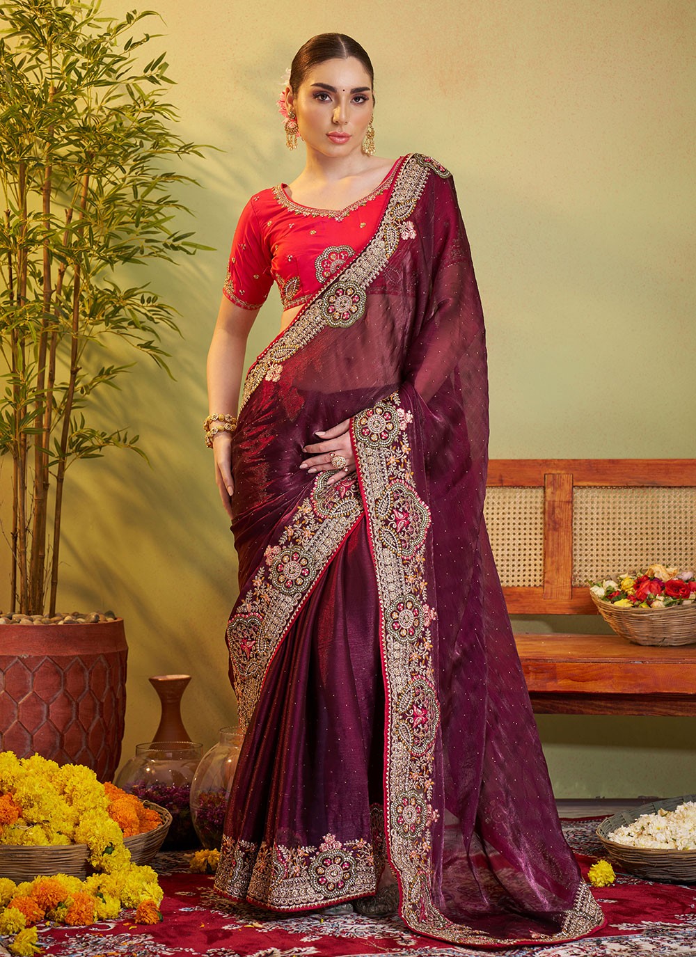 Embroidered Jimmy Chu Wine Saree S14376