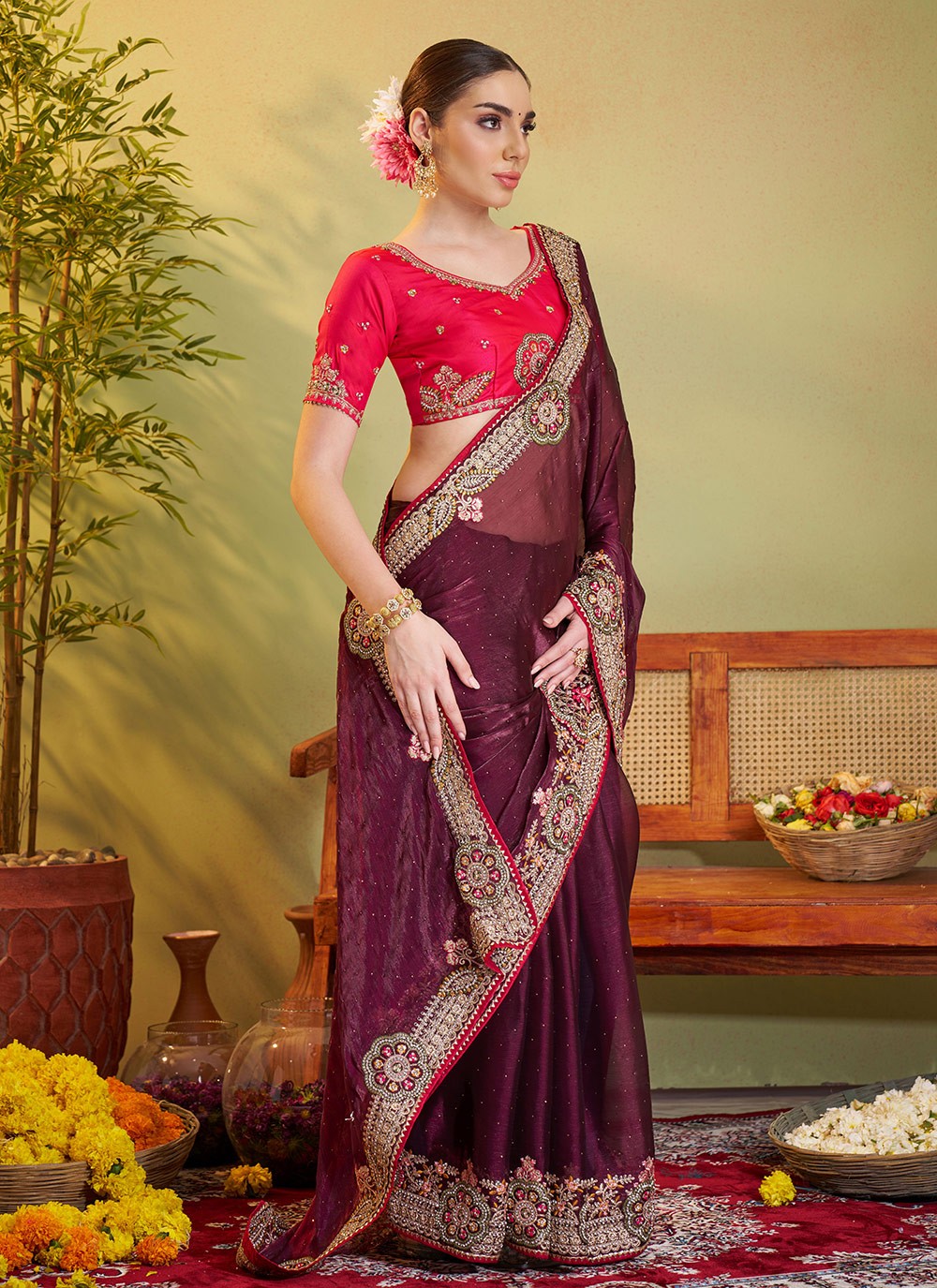Embroidered Jimmy Chu Wine Saree S14376