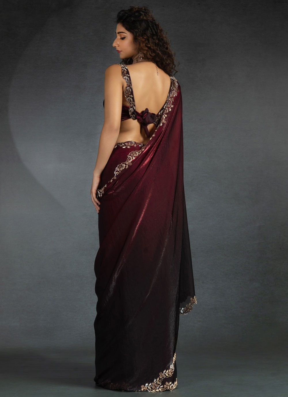 Border Work Satin Silk Wine Saree S14817