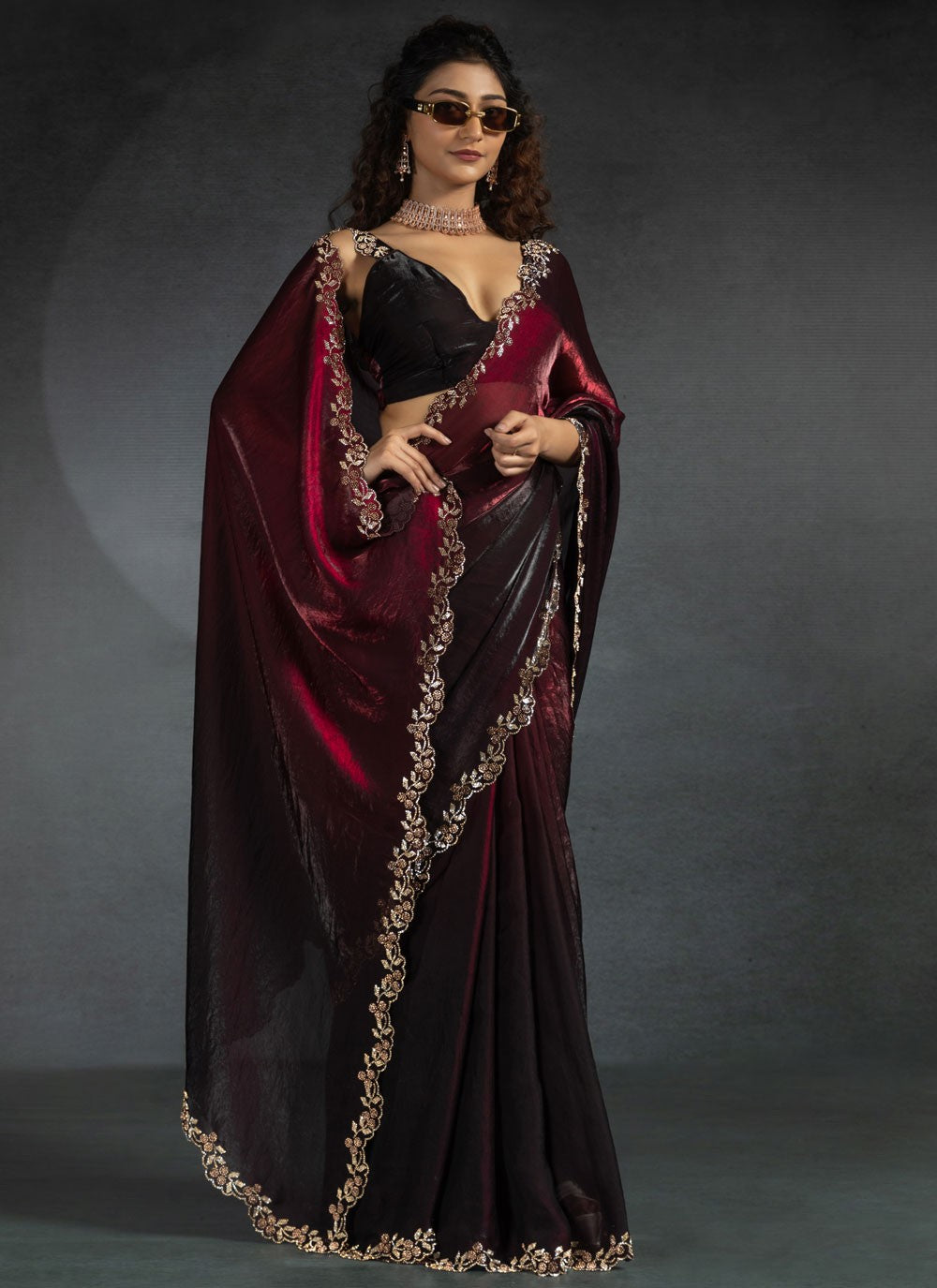 Border Work Satin Silk Wine Saree S14817