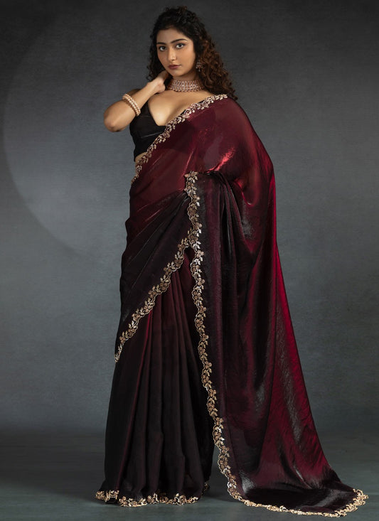 Border Work Satin Silk Wine Saree S14817