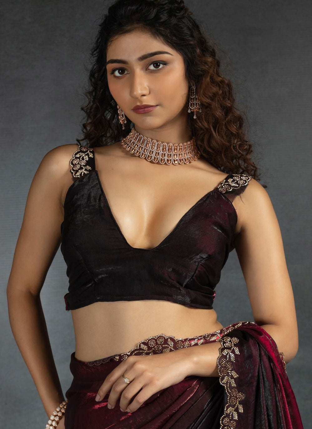 Border Work Satin Silk Wine Saree S14817