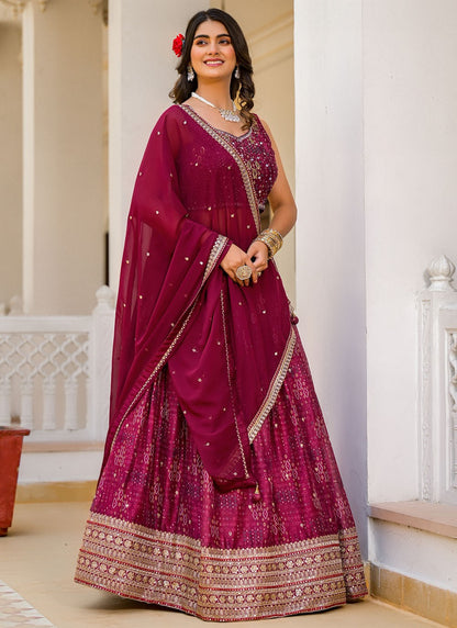Digital Print Georgette Wine Lehenga - L3313