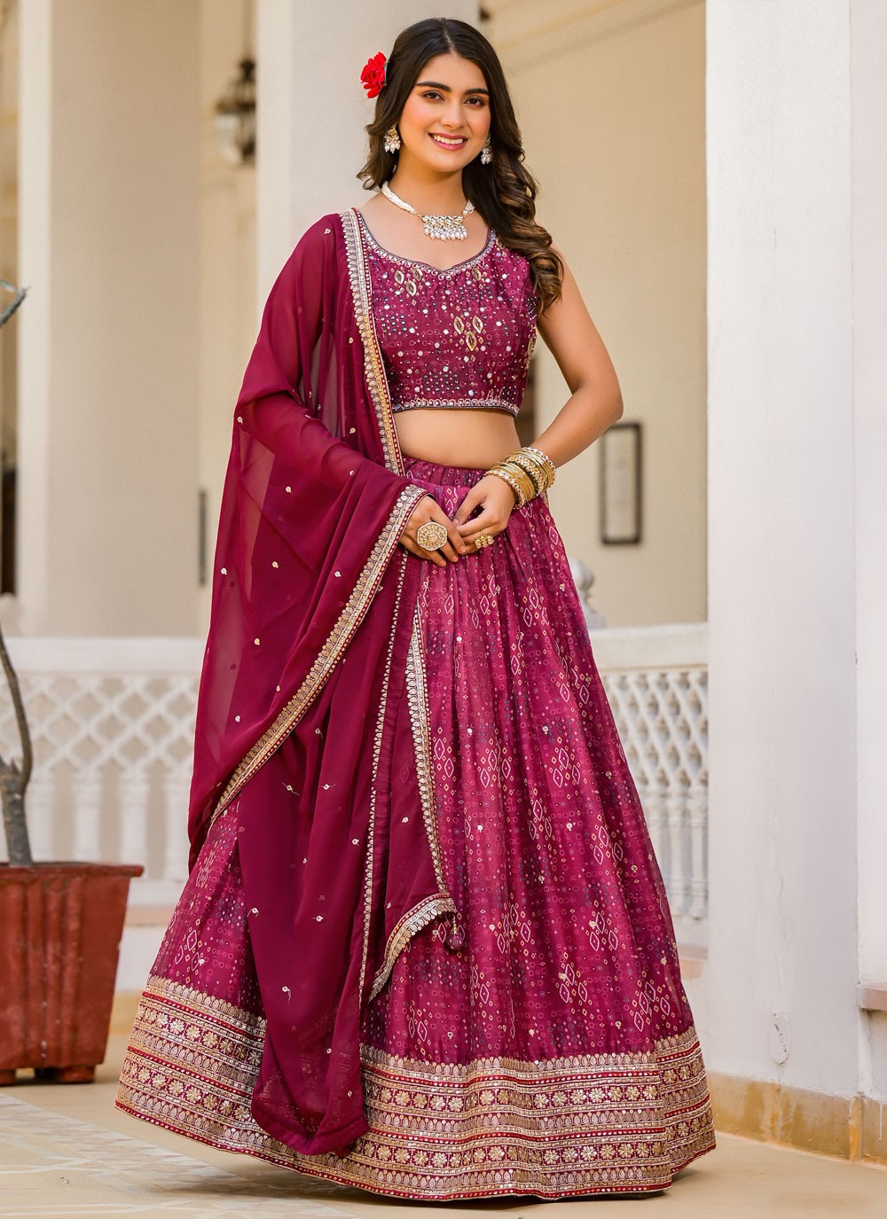 Digital Print Georgette Wine Lehenga - L3313