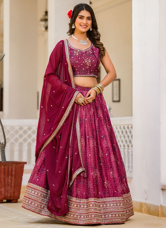 Digital Print Georgette Wine Lehenga - L3313