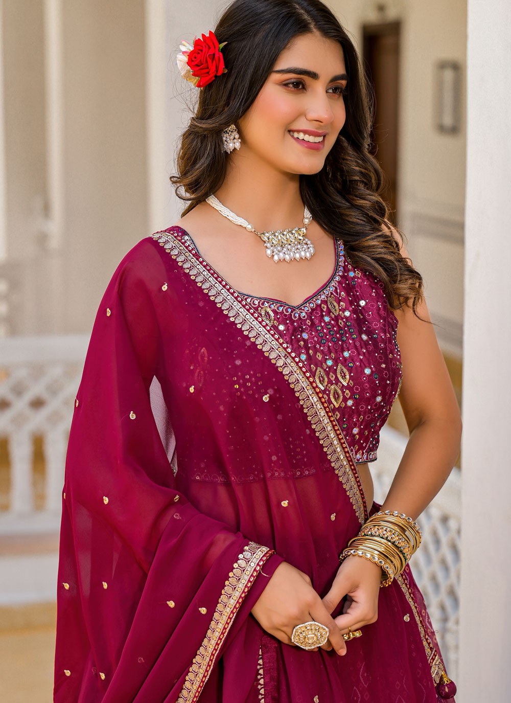 Digital Print Georgette Wine Lehenga - L3313