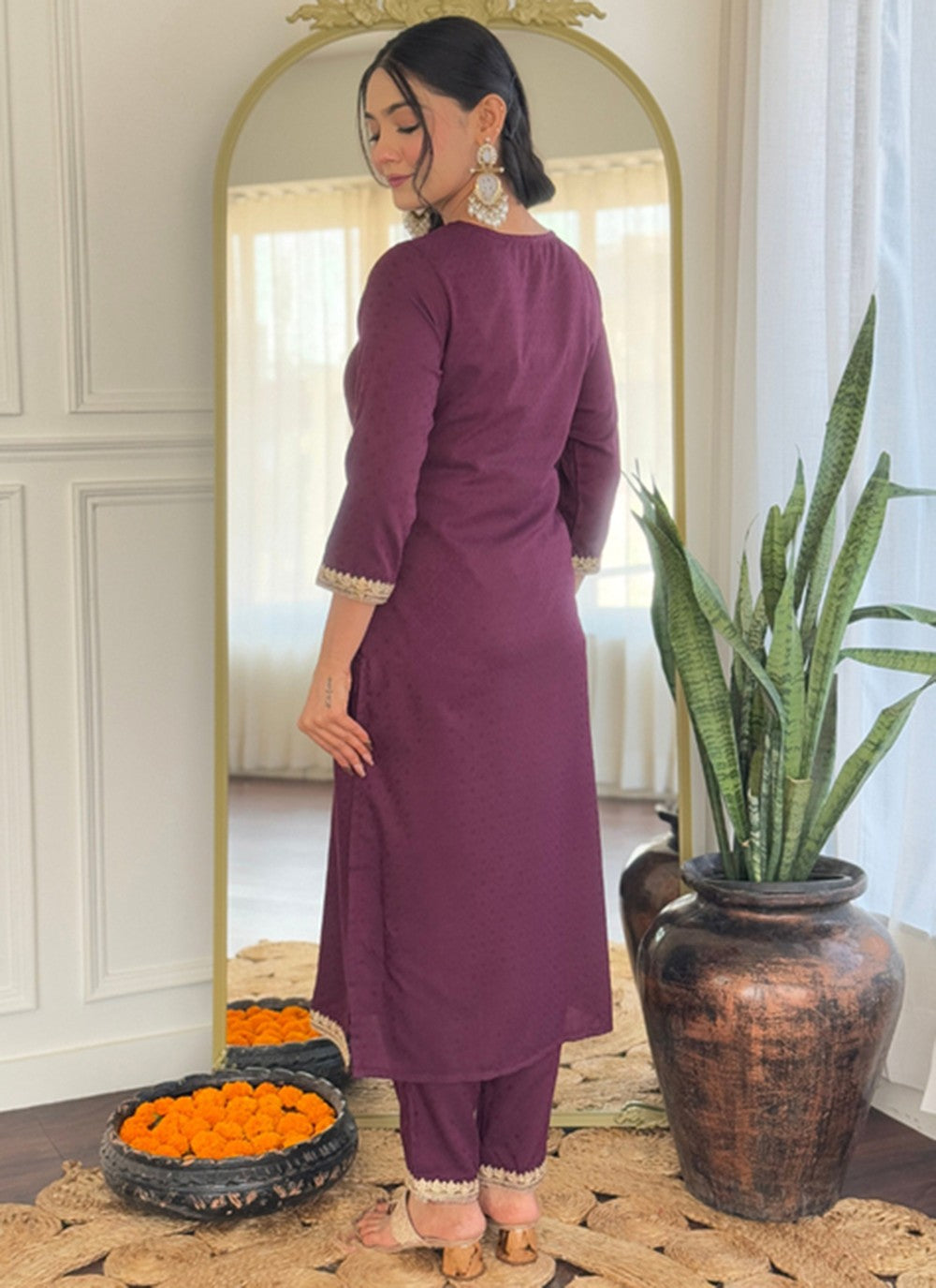 Pant Style Suit Embroidered, Printed Wine T7383