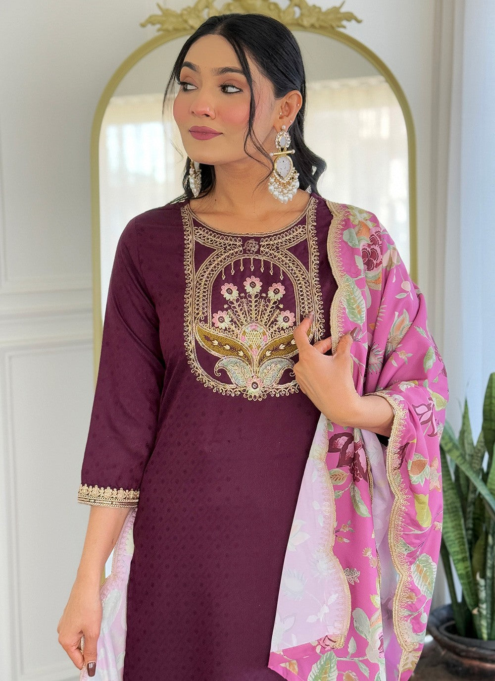 Pant Style Suit Embroidered, Printed Wine T7383